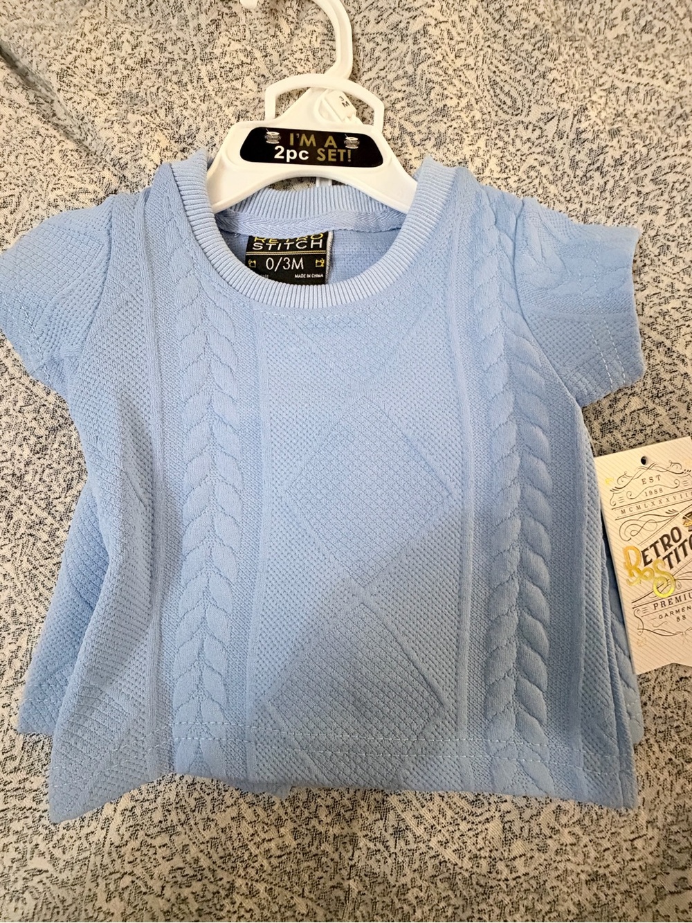 Retro Stitch Baby Boy 2-Piece Outfit Set Light Blue 0-3 Months NWT